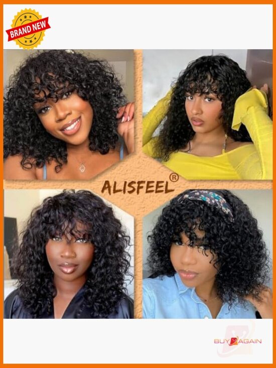 Short Human Hair Wig with Bangs Brazilian Non Lace 150 Density Curly Bob main image 5